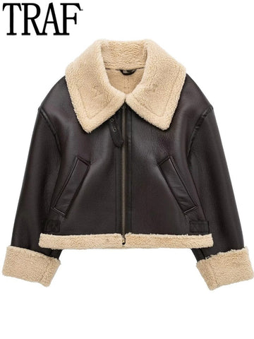 Yipinpay Brown Fleece Jacket Women Double Faced Cropped Jacket Autumn Zip Up Short Jacket Female Very Warm Woman Winter Coat 2023